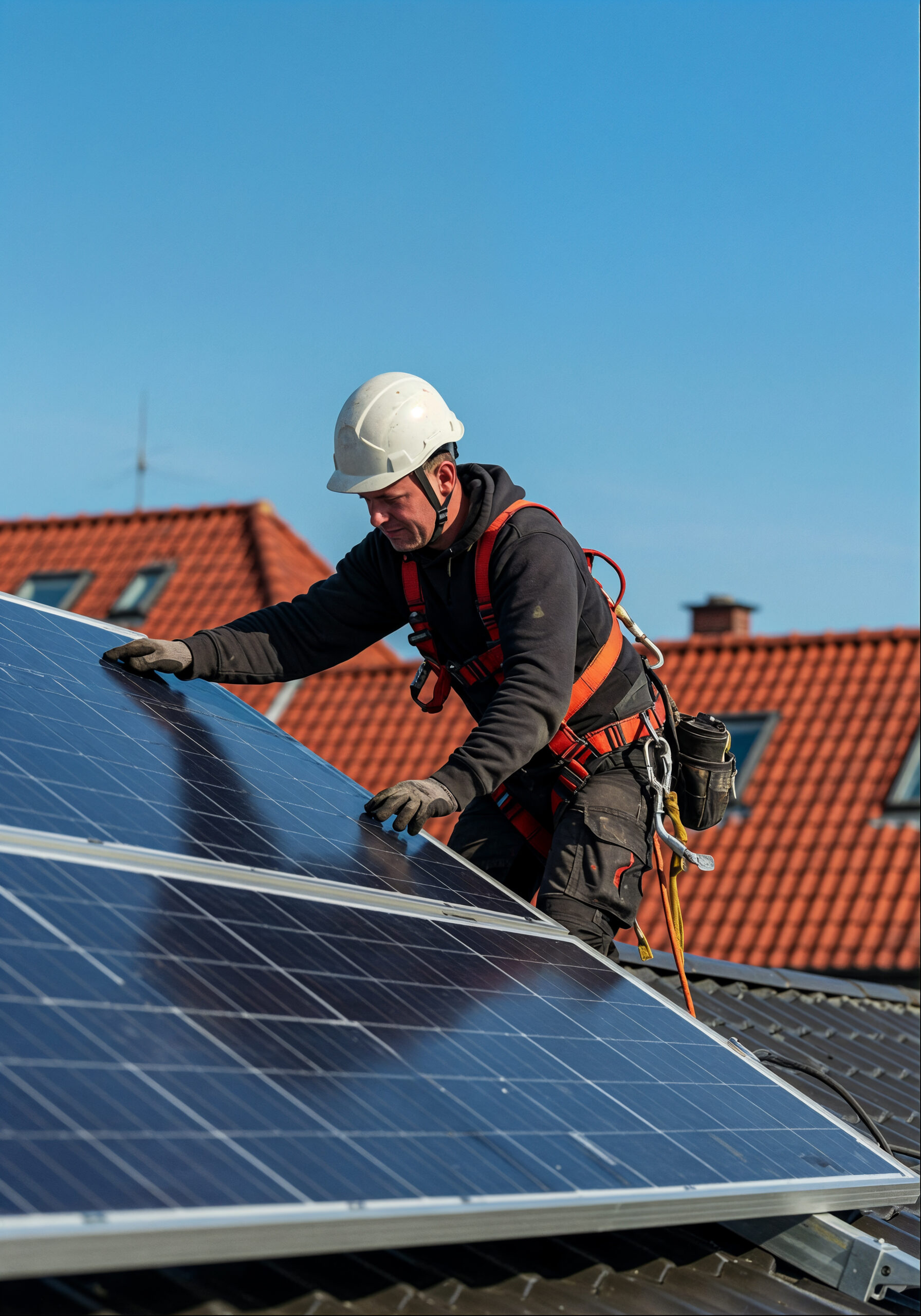 A worker in a harness installs solar panels on a roof under a clear blue sky, showcasing renewable energy efforts.